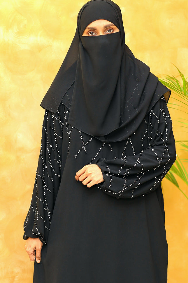 Black A-Line Abaya with Abstract Embroidery| Premium Modestwear