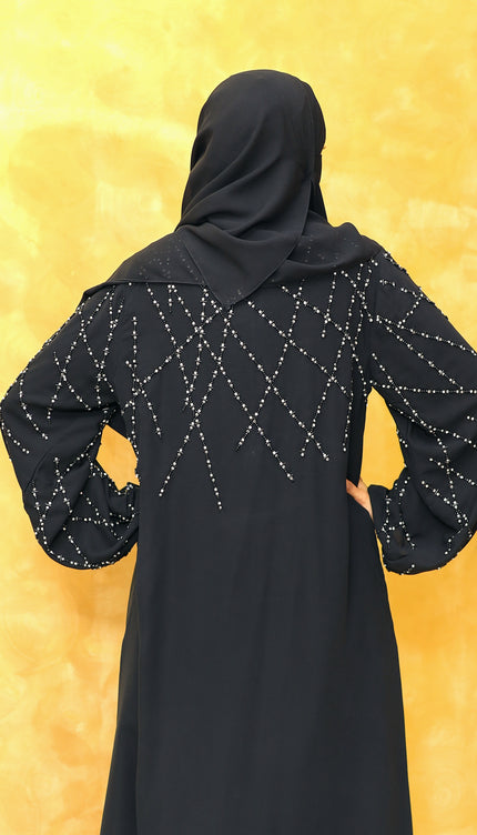 Black A-Line Abaya with Abstract Embroidery| Premium Modestwear
