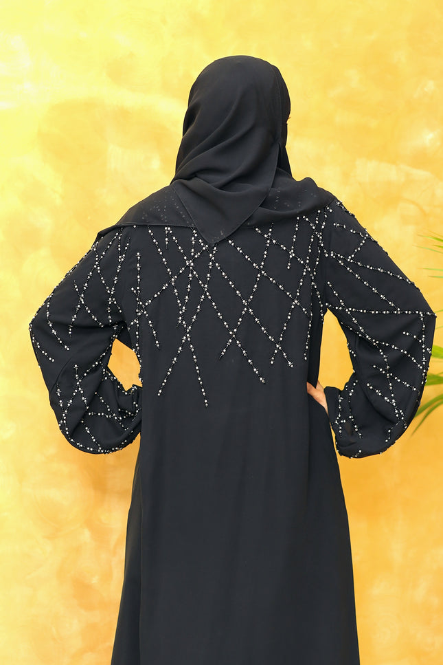 Black A-Line Abaya with Abstract Embroidery| Premium Modestwear