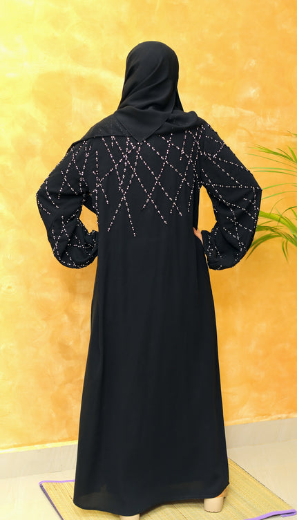 Black A-Line Abaya with Abstract Embroidery| Premium Modestwear