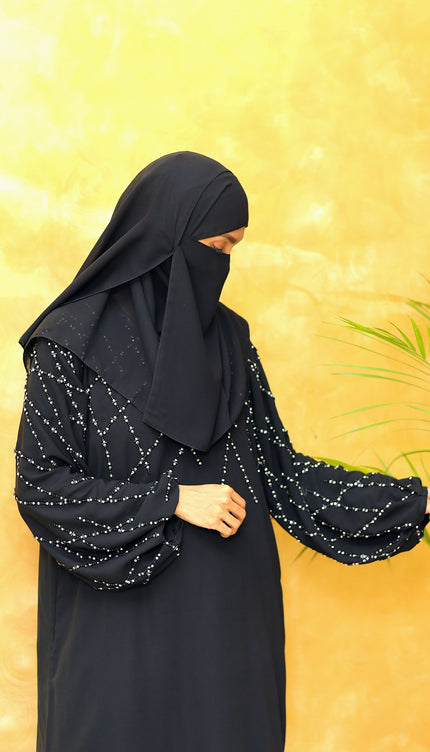 Black A-Line Abaya with Abstract Embroidery| Premium Modestwear