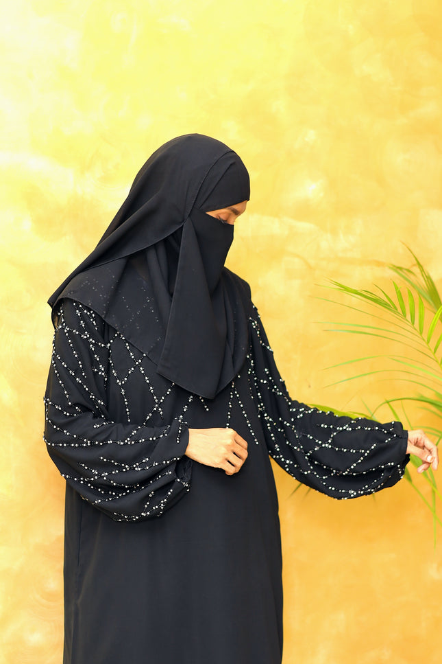 Black A-Line Abaya with Abstract Embroidery| Premium Modestwear