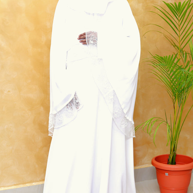 White Royal Embroidered Cape Princess Abaya | Luxe Bridal & Eid Wear