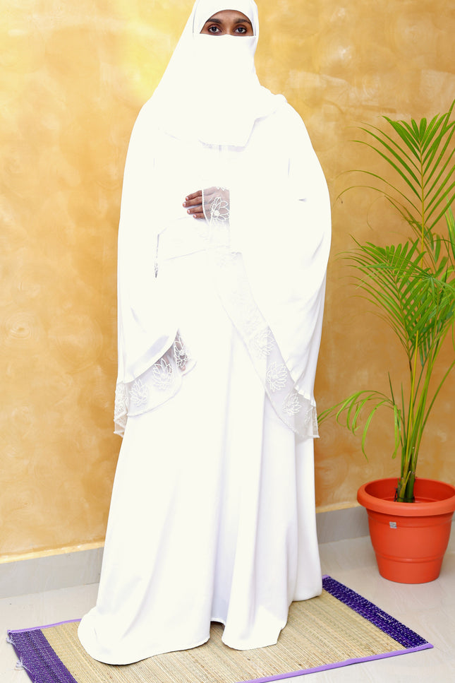 White Royal Embroidered Cape Princess Abaya | Luxe Bridal & Eid Wear