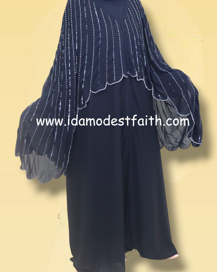 Cape Abaya - Imported Korean Nida With Cape Handwork with Wool Chiffon