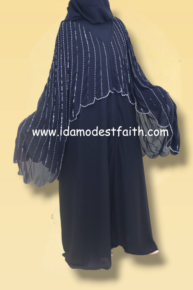 Cape Abaya - Imported Korean Nida With Cape Handwork with Wool Chiffon