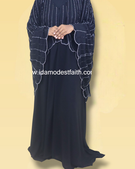 Cape Abaya - Imported Korean Nida With Cape Handwork with Wool Chiffon