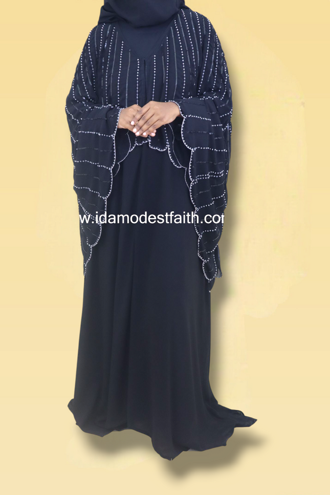 Cape Abaya - Imported Korean Nida With Cape Handwork with Wool Chiffon