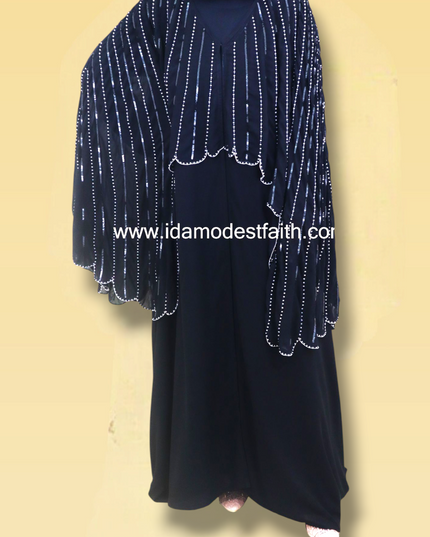 Cape Abaya - Imported Korean Nida With Cape Handwork with Wool Chiffon