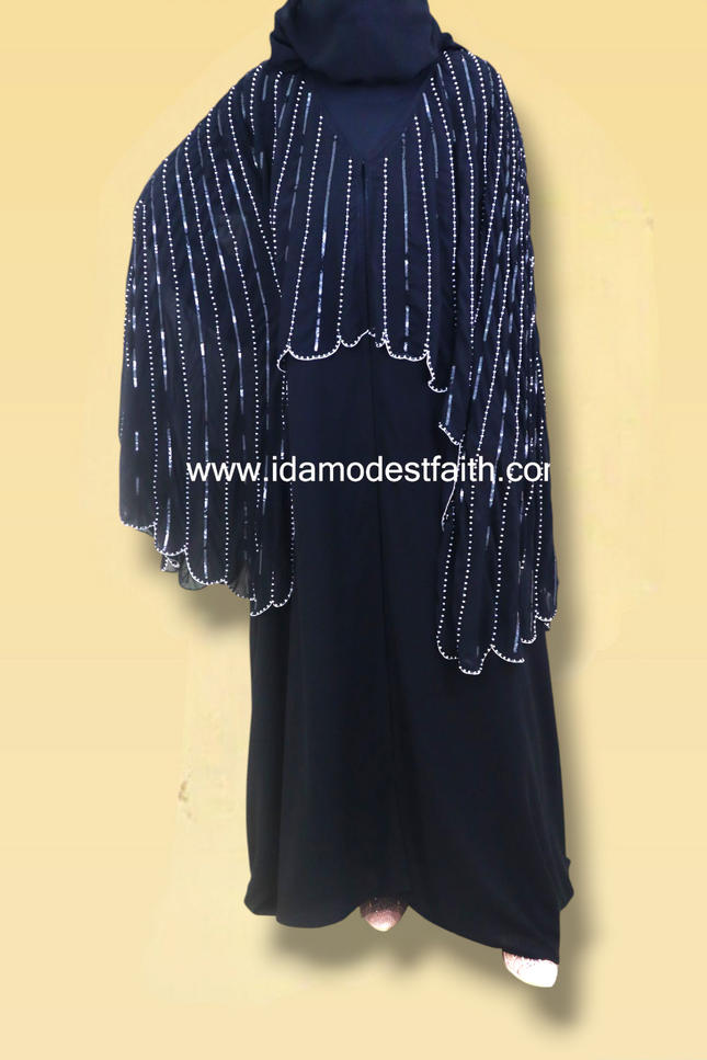 Cape Abaya - Imported Korean Nida With Cape Handwork with Wool Chiffon