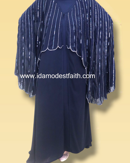 Cape Abaya - Imported Korean Nida With Cape Handwork with Wool Chiffon