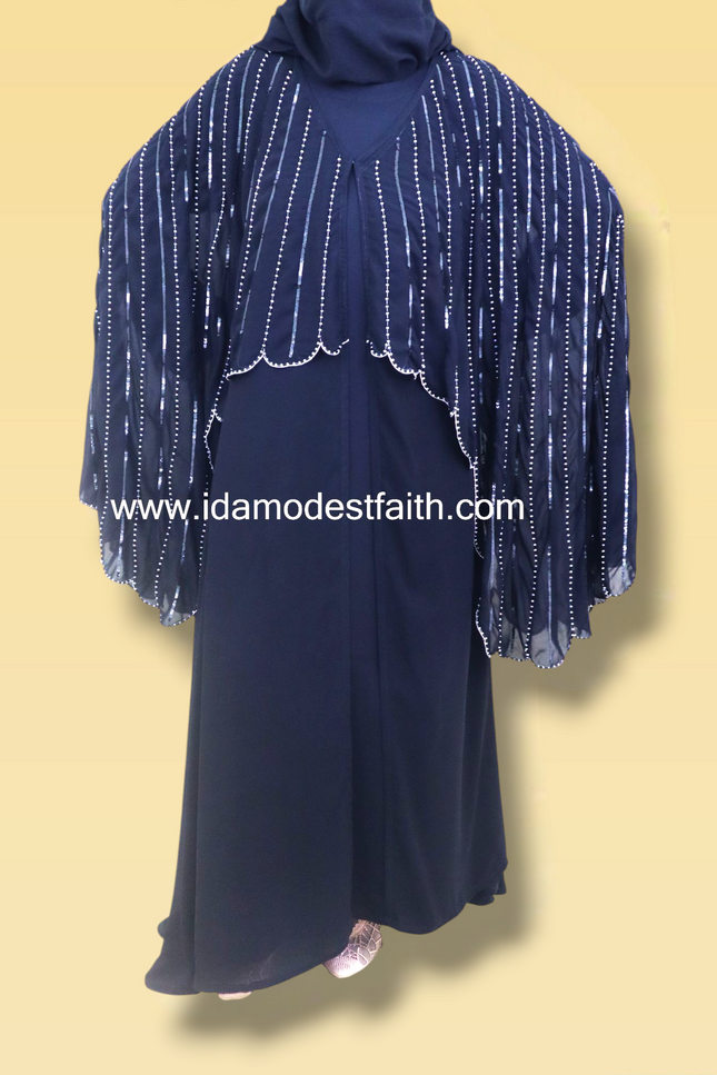 Cape Abaya - Imported Korean Nida With Cape Handwork with Wool Chiffon