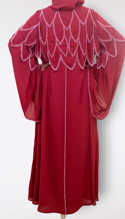 Cherry Red Nida-Chiffon Cape Abaya | Elegant Partywear Modest Dress