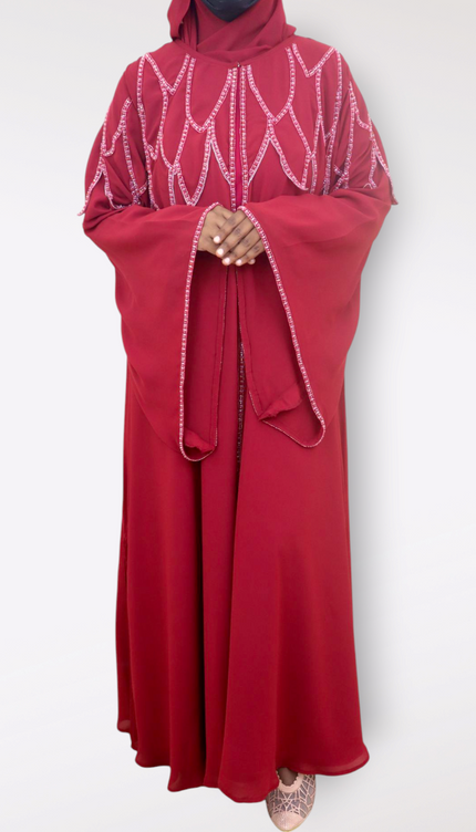 Cherry Red Nida-Chiffon Cape Abaya | Elegant Partywear Modest Dress