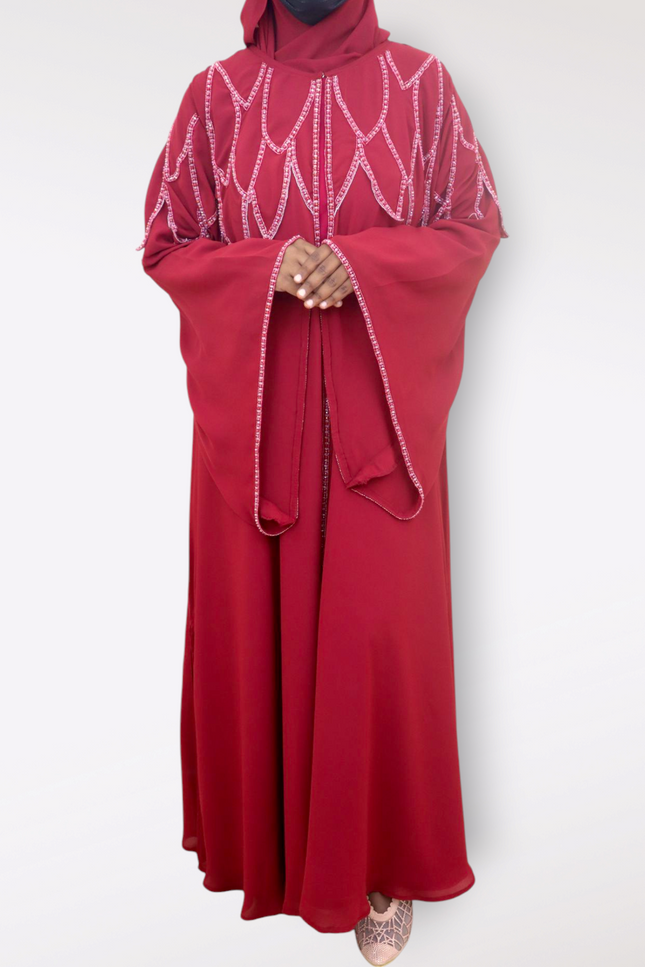 Cherry Red Chiffon Cape Abaya -  Premium Imported Crepe Eliza Nida Fabric