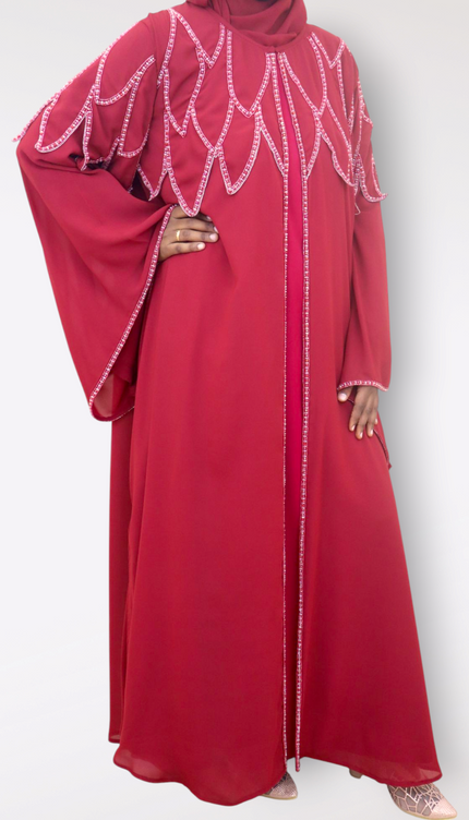 Cherry Red Nida-Chiffon Cape Abaya | Elegant Partywear Modest Dress