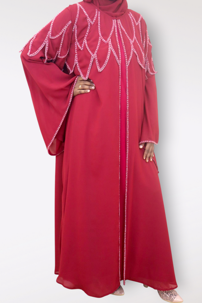 Cherry Red Chiffon Cape Abaya -  Premium Imported Crepe Eliza Nida Fabric