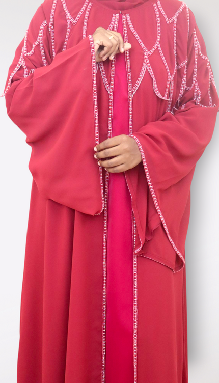 Cherry Red Nida-Chiffon Cape Abaya | Elegant Partywear Modest Dress