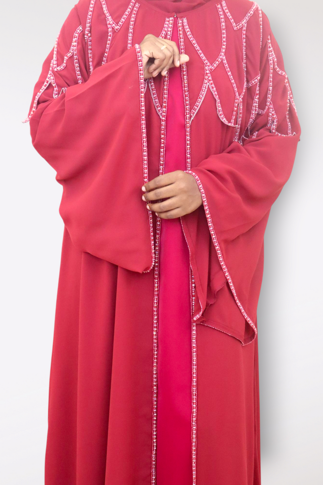 Cherry Red Chiffon Cape Abaya -  Premium Imported Crepe Eliza Nida Fabric