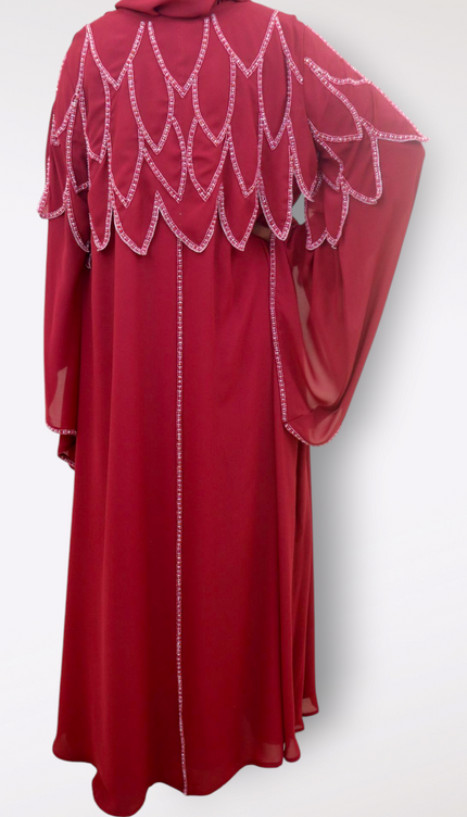 Cherry Red Nida-Chiffon Cape Abaya | Elegant Partywear Modest Dress