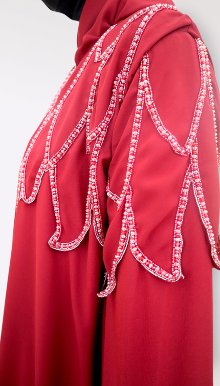 Cherry Red Nida-Chiffon Cape Abaya | Elegant Partywear Modest Dress