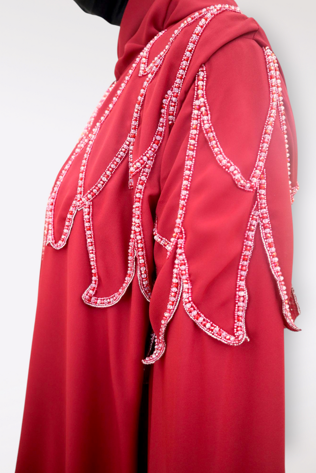 Cherry Red Chiffon Cape Abaya -  Premium Imported Crepe Eliza Nida Fabric