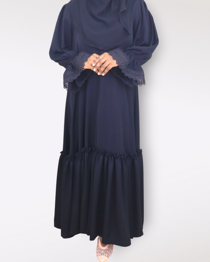 Black Fancy Sleeves Abaya with Drawstring Cuffs, Frills & Tiered Ruffles - Daily Wear Abaya- Using Imported Korean Nida