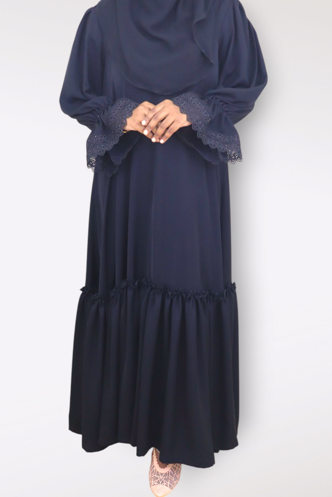 Black Fancy Sleeves Abaya with Drawstring Cuffs, Frills & Tiered Ruffles - Daily Wear Abaya- Using Imported Korean Nida