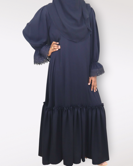 Black Fancy Sleeves Abaya with Drawstring Cuffs, Frills & Tiered Ruffles - Daily Wear Abaya- Using Imported Korean Nida