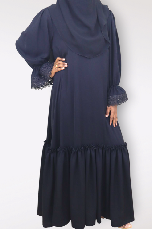 Black Fancy Sleeves Abaya with Drawstring Cuffs, Frills & Tiered Ruffles - Daily Wear Abaya- Using Imported Korean Nida