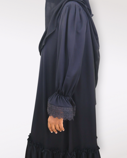 Black Fancy Sleeves Abaya with Drawstring Cuffs, Frills & Tiered Ruffles - Daily Wear Abaya- Using Imported Korean Nida