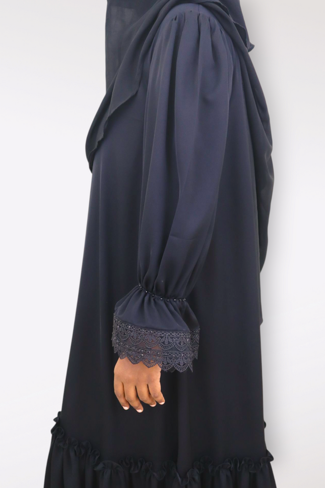 Black Fancy Sleeves Abaya with Drawstring Cuffs, Frills & Tiered Ruffles - Daily Wear Abaya- Using Imported Korean Nida