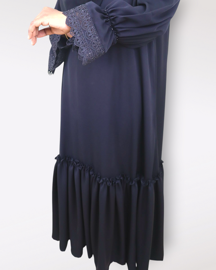 Black Fancy Sleeves Abaya with Drawstring Cuffs, Frills & Tiered Ruffles - Daily Wear Abaya- Using Imported Korean Nida