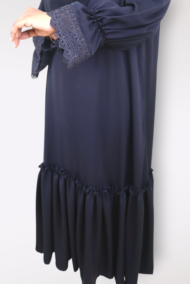 Black Fancy Sleeves Abaya with Drawstring Cuffs, Frills & Tiered Ruffles - Daily Wear Abaya- Using Imported Korean Nida