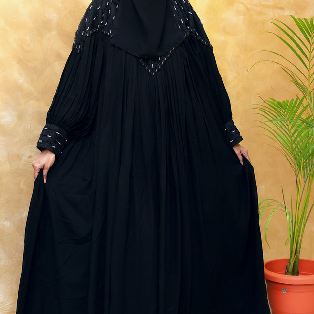 Black Chiffon & Net Abaya with Front & Back Handwork | Designer Statement