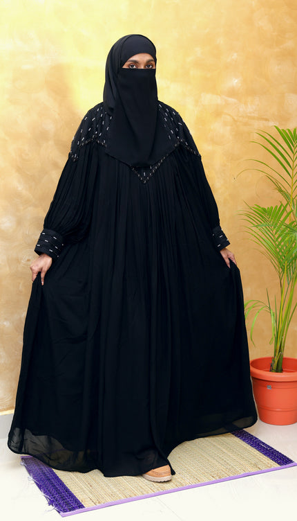 Black Chiffon & Net Abaya with Front & Back Handwork | Designer Statement