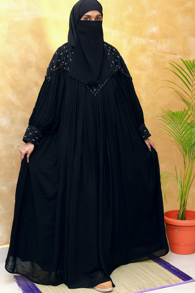 Black Chiffon & Net Abaya with Front & Back Handwork | Designer Statement