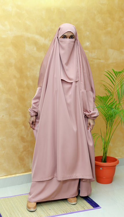 Serene Sand – Coffee Brown Hajj & Umrah 3-Piece Modest Set | Overhead Abaya with Sleeves, Skirt + Pocket & Niqab | Premium Korean Nida