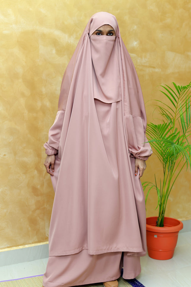 Serene Sand – Coffee Brown Hajj & Umrah 3-Piece Modest Set | Overhead Abaya with Sleeves, Skirt + Pocket & Niqab | Premium Korean Nida
