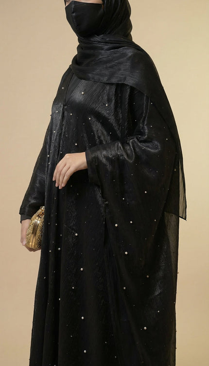 Luxury Occasion Abaya with Subtle Textured Detailing — Black