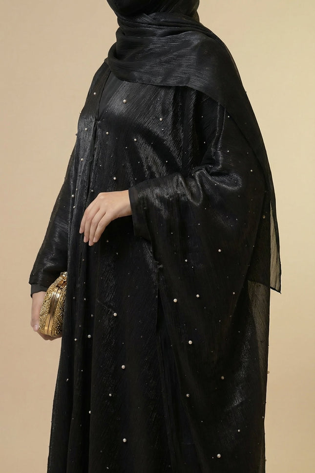 Luxury Occasion Abaya with Subtle Textured Detailing — Black