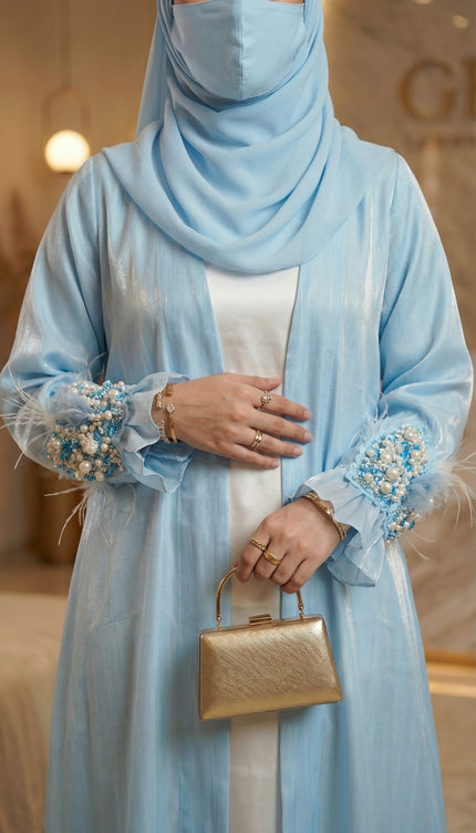 Luxury Blue Bow Jacket Abaya | Women's Shimmer Organza & Armani Satin