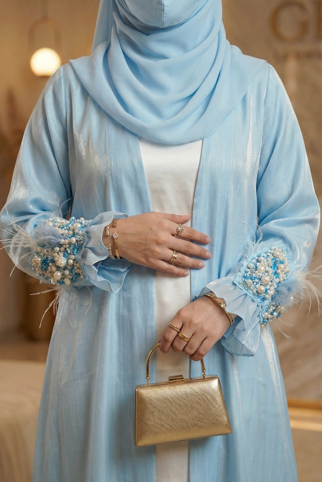 Luxury Blue Bow Jacket Abaya | Women's Shimmer Organza & Armani Satin