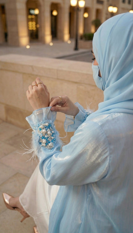 Luxury Blue Bow Jacket Abaya | Women's Shimmer Organza & Armani Satin