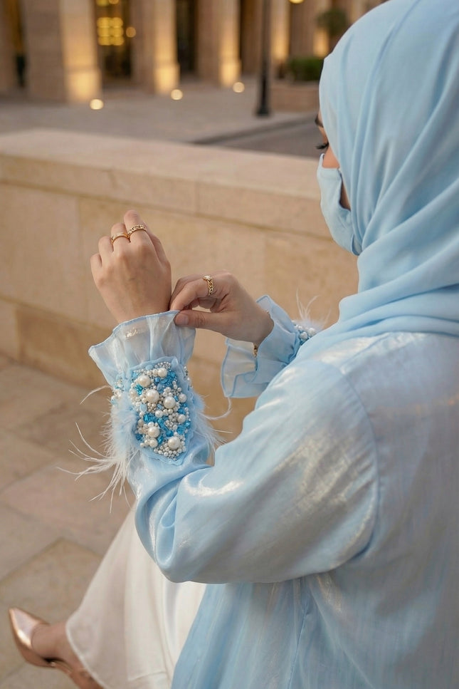 Luxury Blue Bow Jacket Abaya | Women's Shimmer Organza & Armani Satin