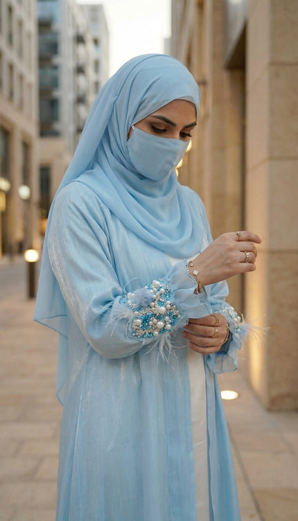 Luxury Blue Bow Jacket Abaya | Women's Shimmer Organza & Armani Satin