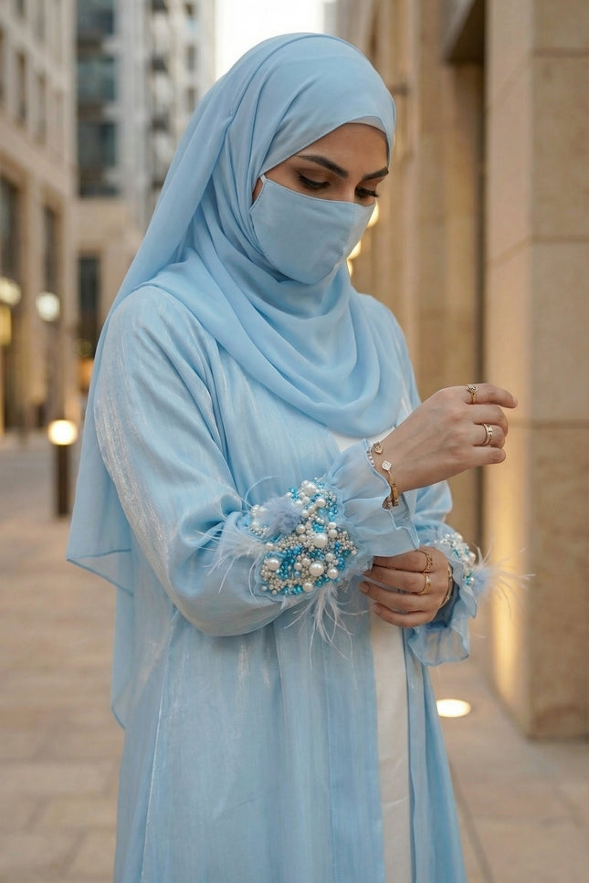 Luxury Blue Bow Jacket Abaya | Women's Shimmer Organza & Armani Satin