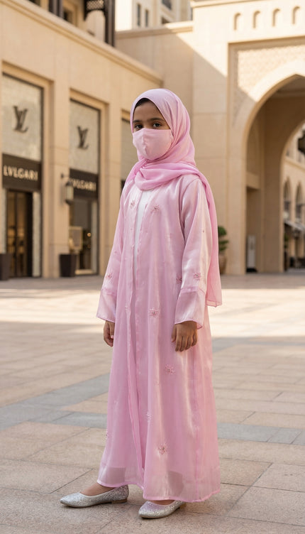 Modest Luxury Front Open Jacket Abaya For Kids | Pink Shimmer