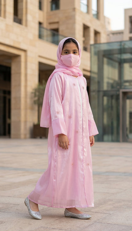 Modest Luxury Front Open Jacket Abaya For Kids | Pink Shimmer