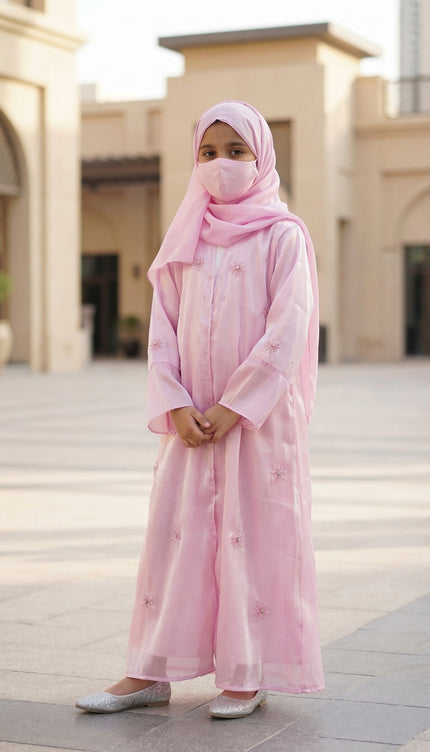 Modest Luxury Front Open Jacket Abaya For Kids | Pink Shimmer